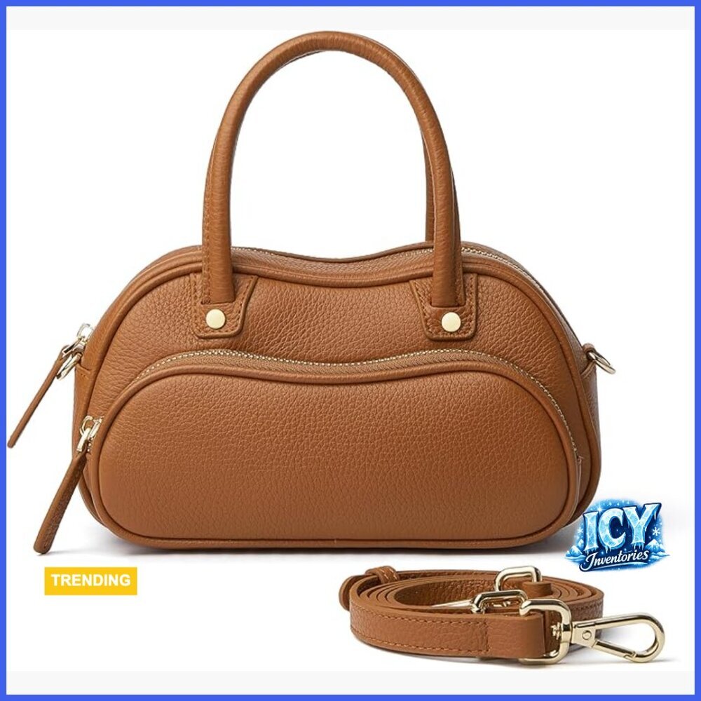 Genuine Leather Top Handle Boston Bag with Detachable Crossbody Strap